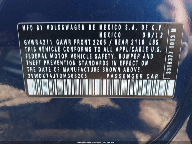 2013 Volkswagen Jetta 2.5l Se მანქანა იყიდება აუქციონზე, vin: 3VWDX7AJ7DM368205, აუქციონის ნომერი: 45758578