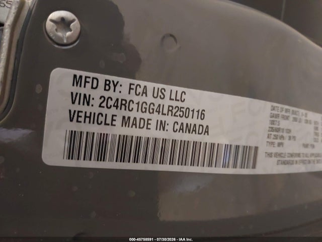 Aukcja sprzedaży 2020 Chrysler Pacifica Limited, vin: 2C4RC1GG4LR250116, numer aukcji: 45758591