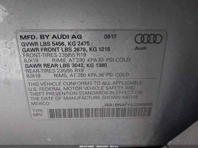45758607 :رقم المزاد ، WA1BNAFY4J2045956 vin ، 2018 Audi Q5 2.0t Premium/2.0t Tech Premium مزاد بيع