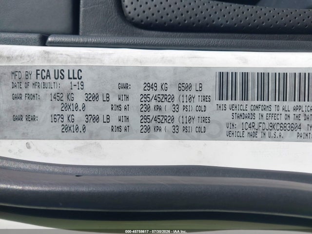 1C4RJFDJ9KC683604 Jeep Grand Cherokee Srt 4x4