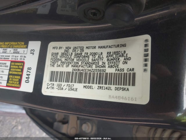 Aukcja sprzedaży 2010 Toyota Corolla S/le/xle, vin: 1NXBU4EE3AZ255692, numer aukcji: 45758618