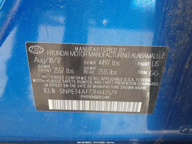Aukcja sprzedaży 2018 Hyundai Sonata Limited, vin: 5NPE34AF7JH642579, numer aukcji: 45758622