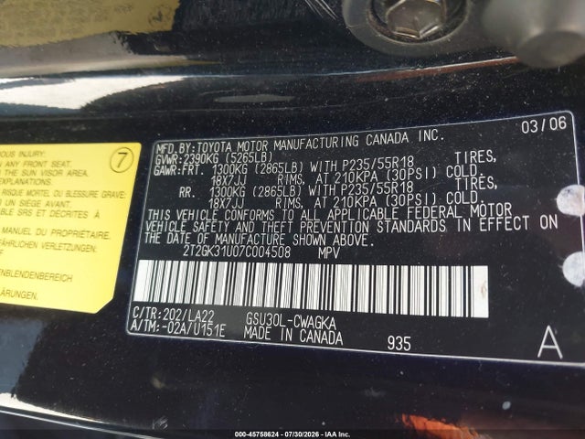 2007 Lexus Rx 350 მანქანა იყიდება აუქციონზე, vin: 2T2GK31U07C004508, აუქციონის ნომერი: 45758624