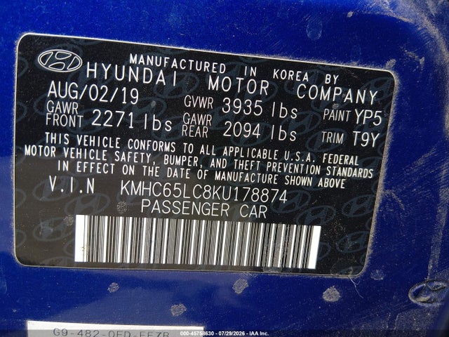 Aukcja sprzedaży 2019 Hyundai Ioniq Hybrid Blue, vin: KMHC65LC8KU178874, numer aukcji: 45758630