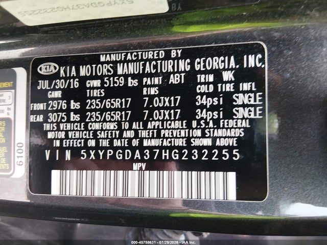 45758631 :رقم المزاد ، 5XYPGDA37HG232255 vin ، 2017 Kia Sorento 2.4l Lx مزاد بيع