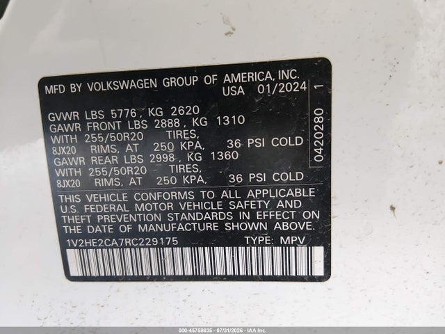 Продажа на аукционе авто 2024 Volkswagen Atlas Cross Sport 2.0t Se W/technology, vin: 1V2HE2CA7RC229175, номер лота: 45758635