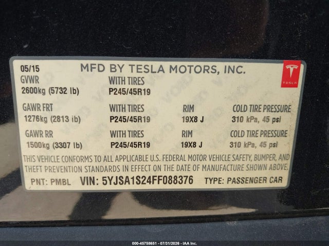 45758651 :رقم المزاد ، 5YJSA1S24FF088376 vin ، 2015 Tesla Model S 70d/85d/p85d مزاد بيع