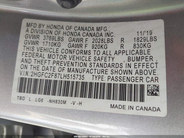 Honda Civic Sport 2020 2HGFC2F87LH515735 Image 9