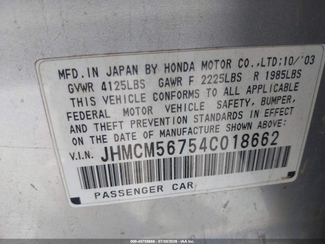 Aukcja sprzedaży 2004 Honda Accord 2.4 Ex, vin: JHMCM56754C018662, numer aukcji: 45758666