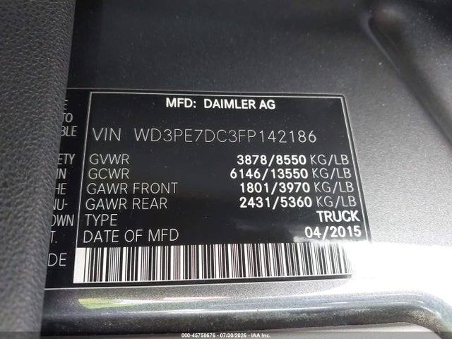 Продажа на аукционе авто 2015 Mercedes-benz Sprinter 2500 Normal Roof, vin: WD3PE7DC3FP142186, номер лота: 45758676