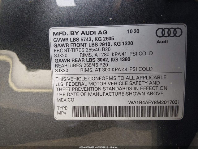 Aukcja sprzedaży 2021 Audi Sq5 Premium Plus Tfsi Quattro Tiptronic, vin: WA1B4AFY8M2017021, numer aukcji: 45758677