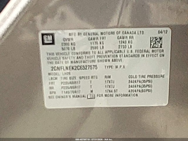 45758719 :رقم المزاد ، 2GNFLNEK2C6327575 vin ، 2012 Chevrolet Equinox Lt W/2lt مزاد بيع