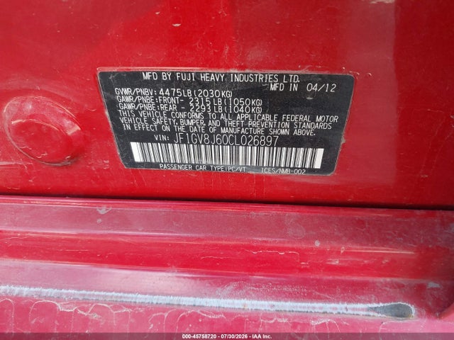 2012 Subaru Impreza Wrx Sti მანქანა იყიდება აუქციონზე, vin: JF1GV8J60CL026897, აუქციონის ნომერი: 45758720