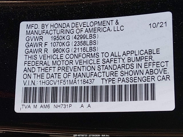 2021 Honda Accord Ex-l მანქანა იყიდება აუქციონზე, vin: 1HGCV1F51MA118437, აუქციონის ნომერი: 45758723