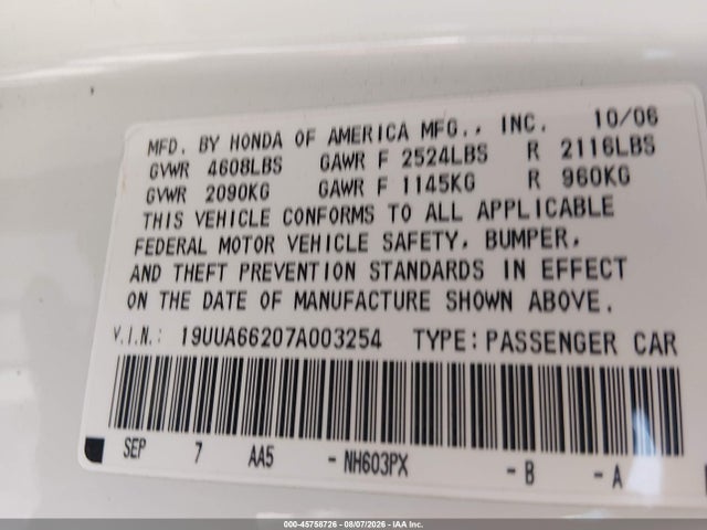 Aukcja sprzedaży 2007 Acura Tl 3.2, vin: 19UUA66207A003254, numer aukcji: 45758726
