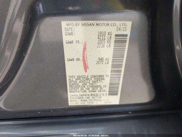 2015 Nissan Altima 2.5 Sl მანქანა იყიდება აუქციონზე, vin: 1N4AL3AP4FN866293, აუქციონის ნომერი: 45758729