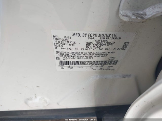 45758740 :رقم المزاد ، 2LMDJ8JK2DBL47301 vin ، 2013 Lincoln Mkx مزاد بيع