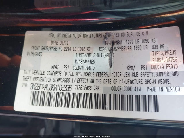 45758752 :رقم المزاد ، 3MZBPAAL8KM105336 vin ، 2019 Mazda Mazda3 Select Package مزاد بيع