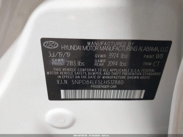 Продажа на аукционе авто 2020 Hyundai Elantra Sel, vin: 5NPD84LF5LH512880, номер лота: 45758755