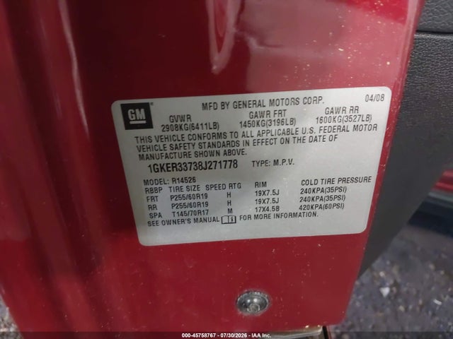 Aukcja sprzedaży 2008 Gmc Acadia Slt-2, vin: 1GKER33738J271778, numer aukcji: 45758767
