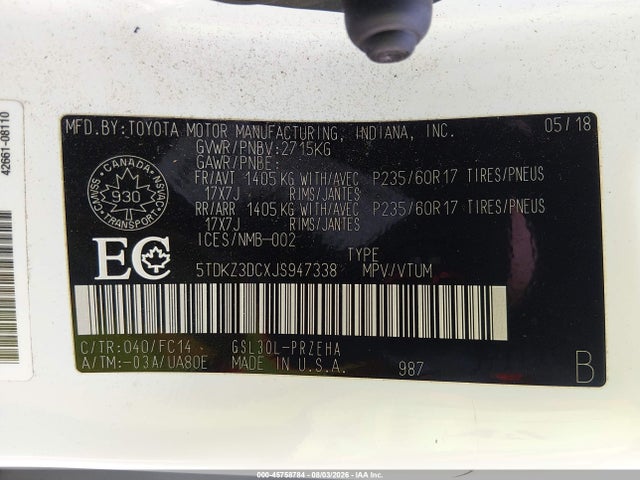 5TDKZ3DCXJS947338 Toyota Sienna Le 8-passenger
