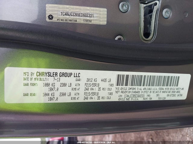 2014 Jeep Compass Limited მანქანა იყიდება აუქციონზე, vin: 1C4NJCCB5ED602331, აუქციონის ნომერი: 45758785
