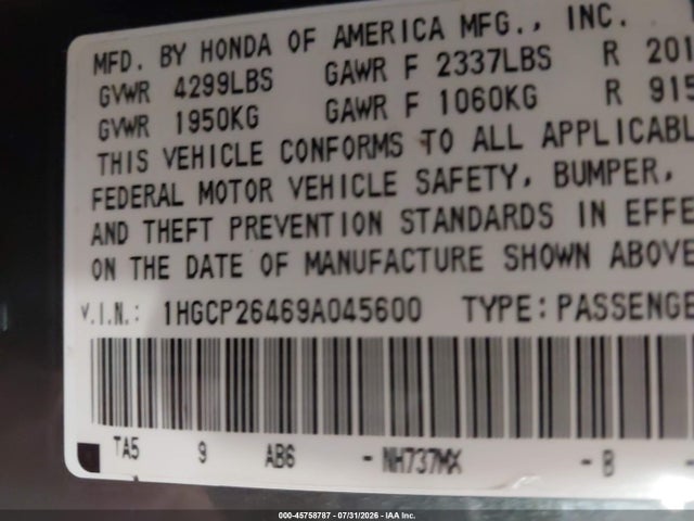 45758787 :رقم المزاد ، 1HGCP26469A045600 vin ، 2009 Honda Accord 2.4 Lx-p مزاد بيع