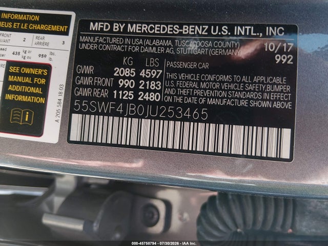 Aukcja sprzedaży 2018 Mercedes-benz C 300, vin: 55SWF4JB0JU253465, numer aukcji: 45758794