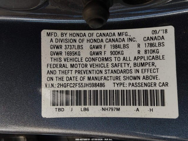 Honda Civic Lx 2018 2HGFC2F55JH598486 Image 9