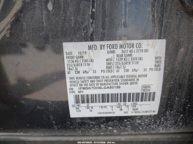 45758825 :رقم المزاد ، 1FMSK7DH6LGA80150 vin ، 2020 Ford Explorer Xlt مزاد بيع