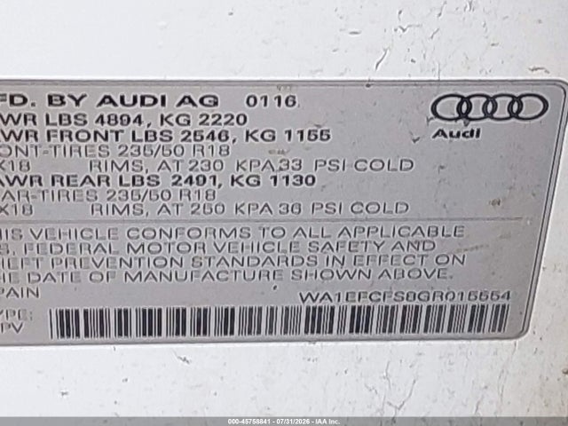 Продажа на аукционе авто 2016 Audi Q3 2.0t Premium Plus, vin: WA1EFCFS8GR015554, номер лота: 45758841
