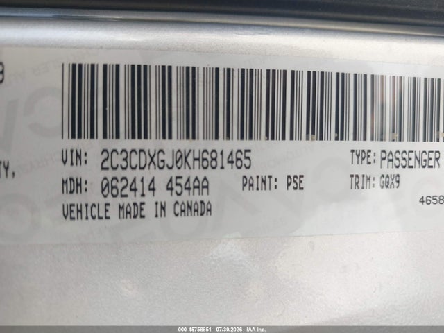 45758851 :رقم المزاد ، 2C3CDXGJ0KH681465 vin ، 2019 Dodge Charger Scat Pack Rwd مزاد بيع
