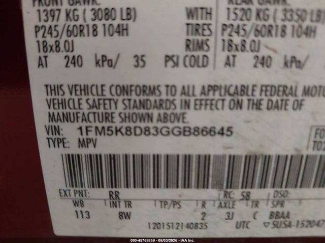 45758859 :رقم المزاد ، 1FM5K8D83GGB86645 vin ، 2016 Ford Explorer Xlt مزاد بيع
