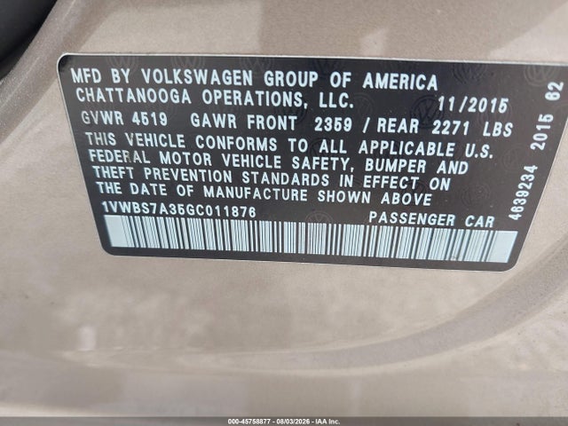 45758877 :رقم المزاد ، 1VWBS7A35GC011876 vin ، 2016 Volkswagen Passat 1.8t Se مزاد بيع