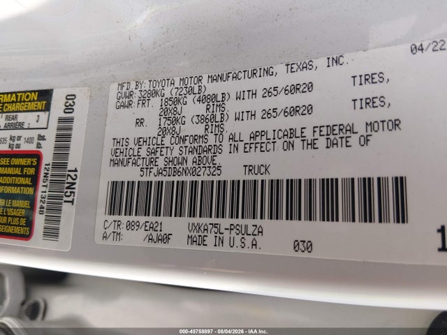 5TFJA5DB6NX027325 Toyota Tundra Limited