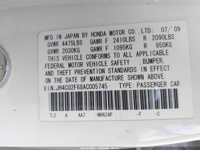 2010 Acura Tsx 2.4 მანქანა იყიდება აუქციონზე, vin: JH4CU2F68AC005745, აუქციონის ნომერი: 45758915