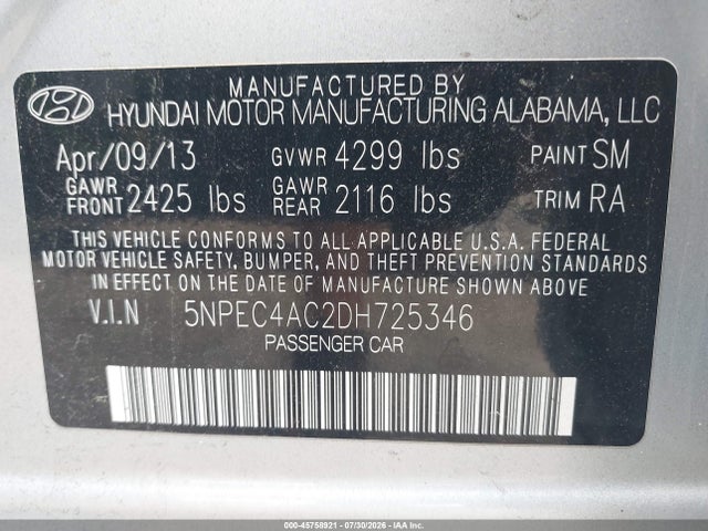 Продаж на аукціоні авто 2013 Hyundai Sonata Se, vin: 5NPEC4AC2DH725346, номер лоту: 45758921
