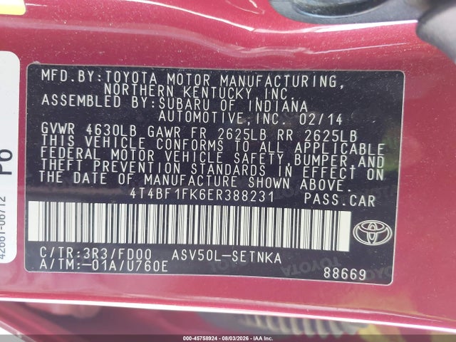Продажа на аукционе авто 2014 Toyota Camry Le, vin: 4T4BF1FK6ER388231, номер лота: 45758924
