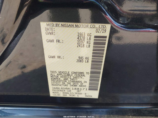 Продаж на аукціоні авто 2019 Nissan Altima 2.5 Sl, vin: 1N4BL4EV6KC188171, номер лоту: 45758939