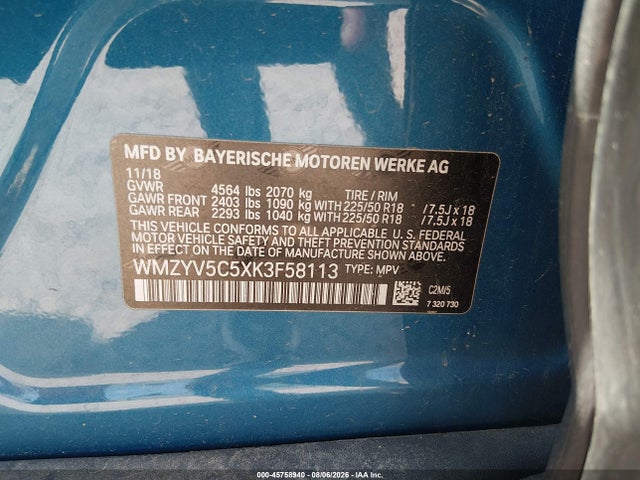 2019 Mini Countryman Cooper მანქანა იყიდება აუქციონზე, vin: WMZYV5C5XK3F58113, აუქციონის ნომერი: 45758940
