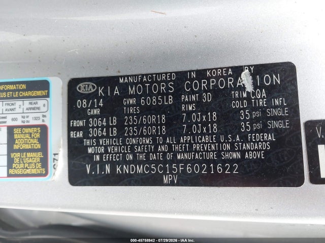 KIA SEDONA EX 2015 KNDMC5C15F6021622 Image 9