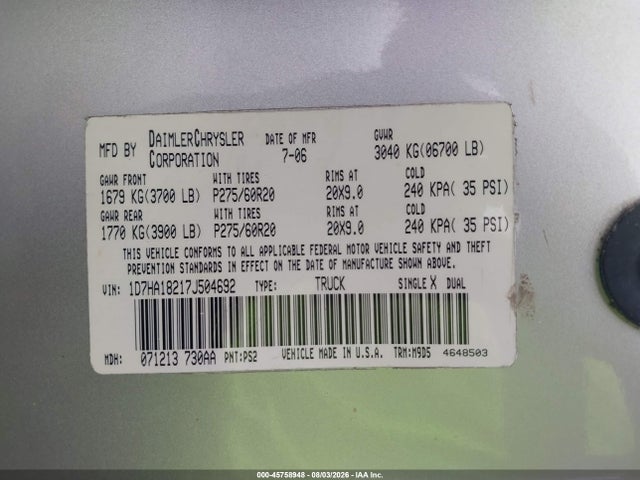 45758948 :رقم المزاد ، 1D7HA18217J504692 vin ، 2007 Dodge Ram 1500 Slt مزاد بيع