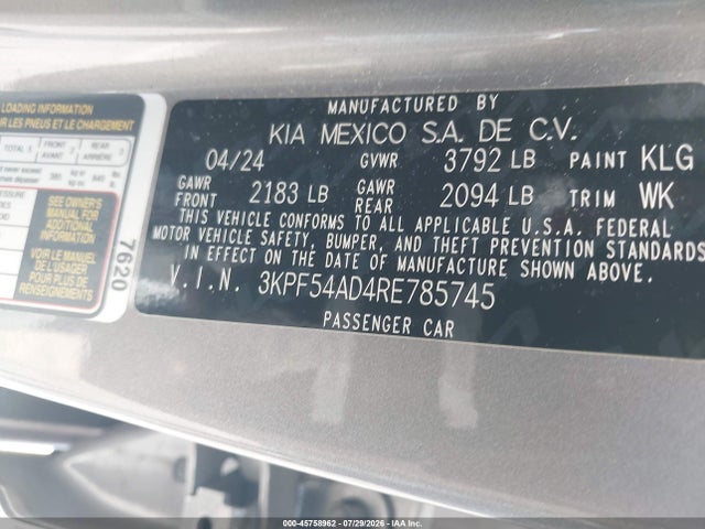 Auction sale of the 2024 Kia Forte Gt-line, vin: 3KPF54AD4RE785745, lot number: 45758962