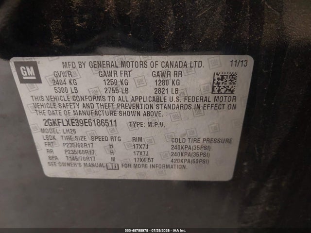 45758975 :رقم المزاد ، 2GKFLXE39E6186511 vin ، 2014 Gmc Terrain Slt-1 مزاد بيع