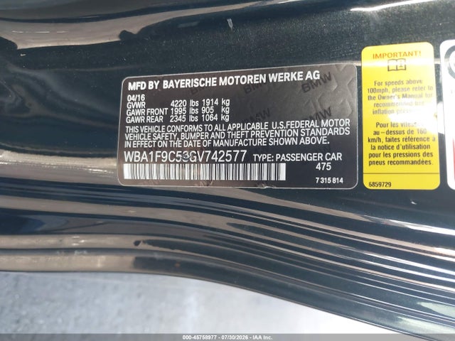 45758977 :رقم المزاد ، WBA1F9C53GV742577 vin ، 2016 Bmw 228i مزاد بيع