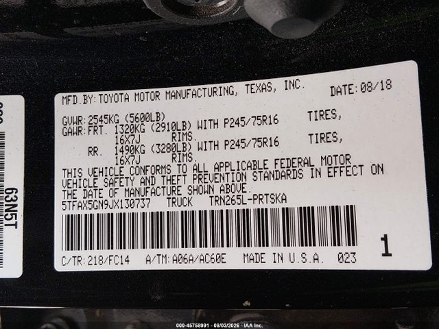 5TFAX5GN9JX130737 Toyota Tacoma Sr5
