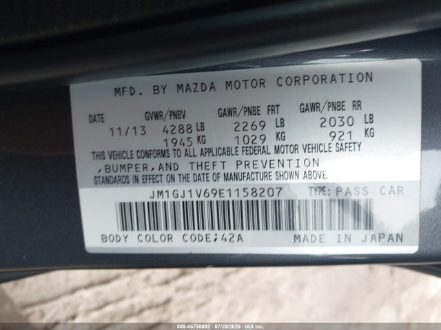 2014 Mazda Mazda6 I Touring მანქანა იყიდება აუქციონზე, vin: JM1GJ1V69E1158207, აუქციონის ნომერი: 45758992