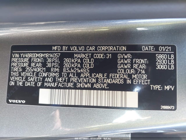 Aukcja sprzedaży 2021 Volvo Xc60 Recharge Plug-in Hybrid T8 R-design, vin: YV4BR0DM9M1814057, numer aukcji: 45759001