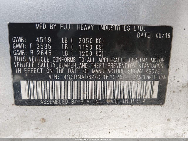 4S3BNAD64G3061326 Subaru Legacy 2.5i Premium