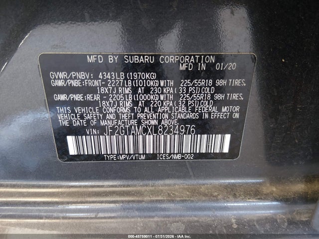 Aukcja sprzedaży 2020 Subaru Crosstrek Limited, vin: JF2GTAMCXL8234976, numer aukcji: 45759011